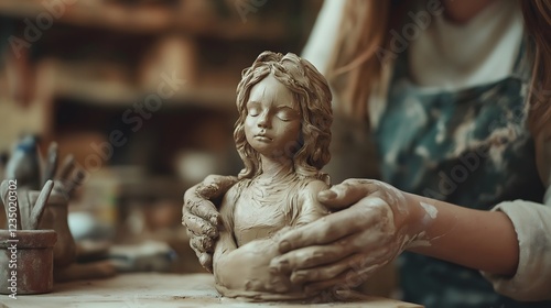 Artist's hands sculpting a delicate clay bust of a young girl with closed eyes in a cozy workshop full of tools and warm natural light