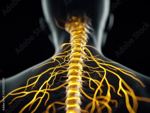 A vivid anatomical illustration depicting the human nervous system focusing on the spine and neural pathways, with a glowing effect highlighting the nerves. photo