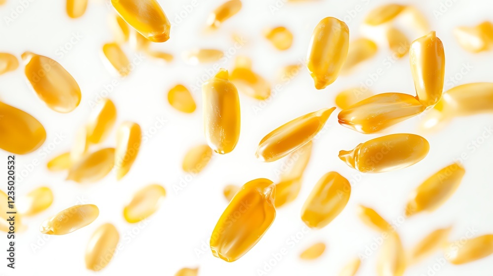 Close-up of yellow corn kernels with glossy surface on white background Close-up of yellow corn kernels with glossy surface on white background
