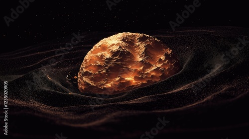 Glowing planet on a black background, showing detailed craters and soft light