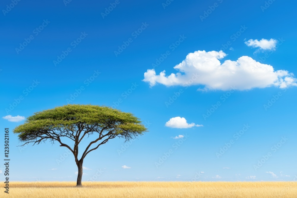 A solitary tree stands against a bright blue sky, surrounded by golden grasslands and fluffy clouds, capturing a serene and open landscape. A solitary tree stands against a bright blue sky, surrounded by golden grasslands and fluffy clouds, capturing a serene and open landscape.