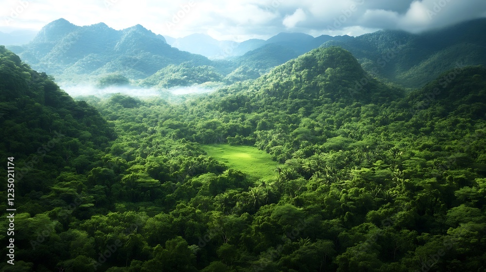 Fototapeta premium Pristine Tropical Forest Landscape with Misty Mountains : Generative AI