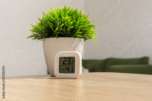 Small digital indoor temperature and humidity meter. Temperature sensor in living room. Small display and artificial plant on wooden table