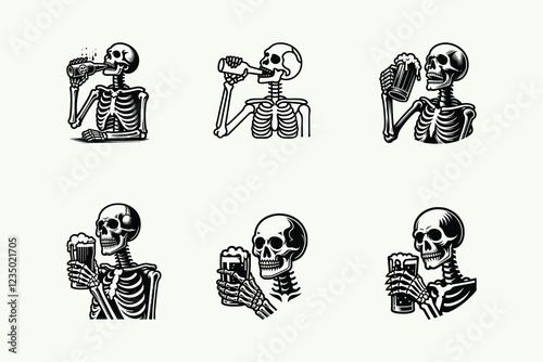 Set of six detailed skeleton illustrations drinking beer, combining gothic, vintage, and humorous elements.