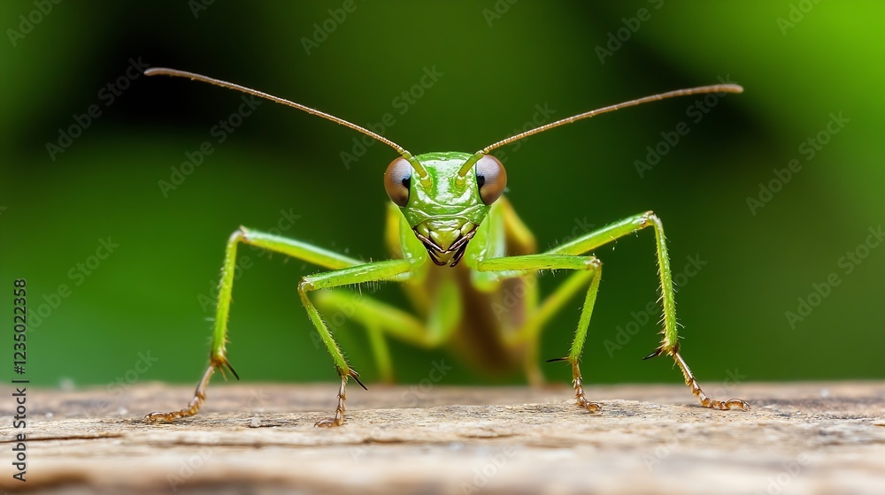 Fototapeta premium Close Up Macro Shot of a Vibrant Green Praying Mantis on a Wood Surface with Blurred Green Background : Generative AI