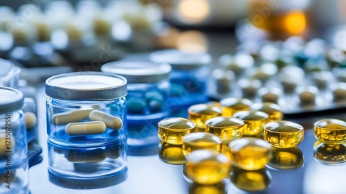 Assorted Pharmaceutical Pills and Capsules with Jar Containers in Lab Setting : Generative AI