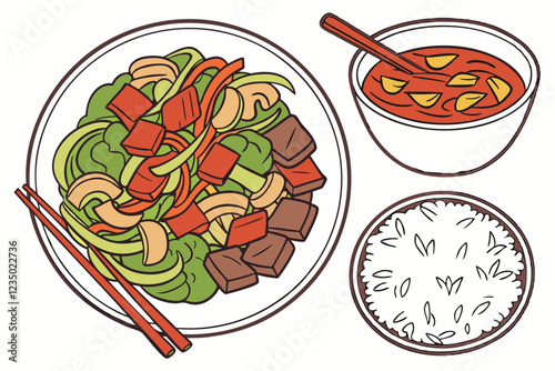 Chinese cuisine, assorted dishes, colorful array of foods, white round plates, stir-fried vegetables, sweet and sour pork, kung pao chicken, beef and broccoli, sliced ham, fried rice, mushroom soup, v