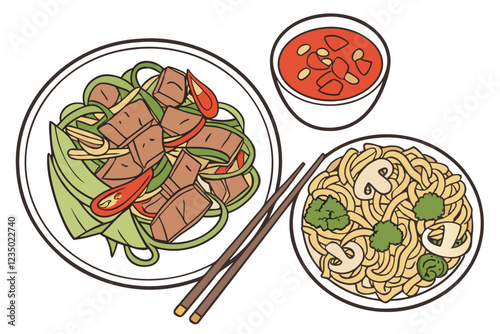 Chinese cuisine, assorted dishes, colorful array of foods, white round plates, stir-fried vegetables, sweet and sour pork, kung pao chicken, beef and broccoli, sliced ham, fried rice, mushroom soup, v