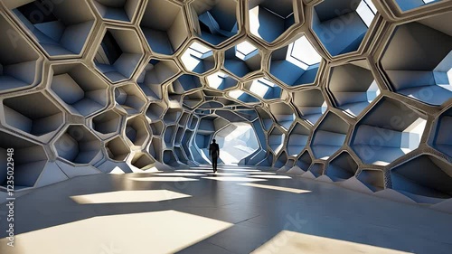 Futuristic Architectural Corridor with Honeycomb Structure, Geometric Skylights, and Dramatic Light Patterns

 photo