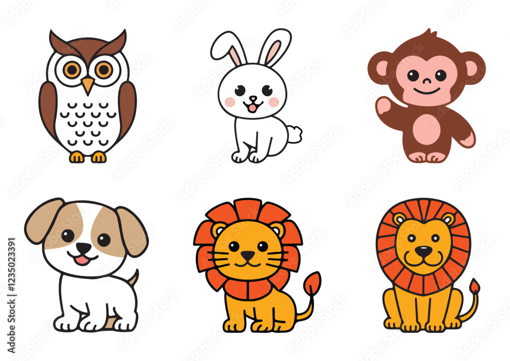 Obraz premium Cute cartoon animal set, including owl, rabbit, monkey, dog, and lion. Adorable jungle and pet animal vector illustration for kids' education, nursery decor, storybooks.