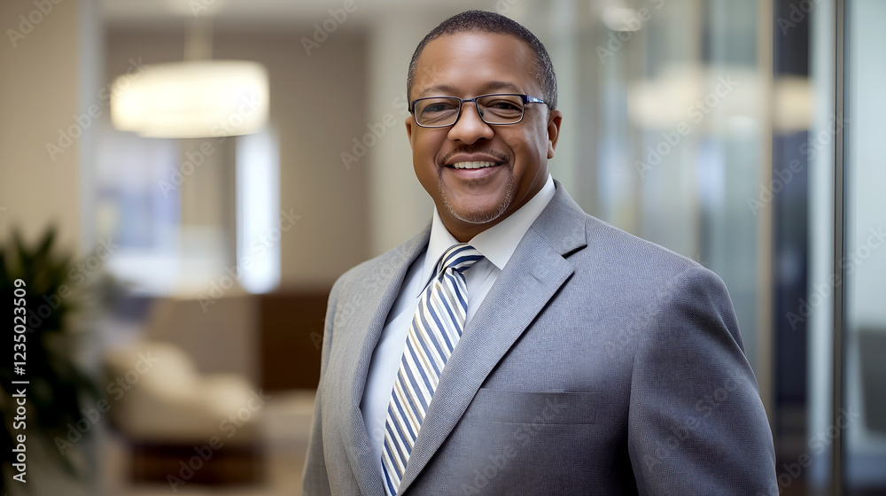 Confident businessman smiling in modern office setting, professional corporate portrait conveying leadership, success, and expertise Confident businessman smiling in modern office setting, professional corporate portrait conveying leadership, success, and expertise