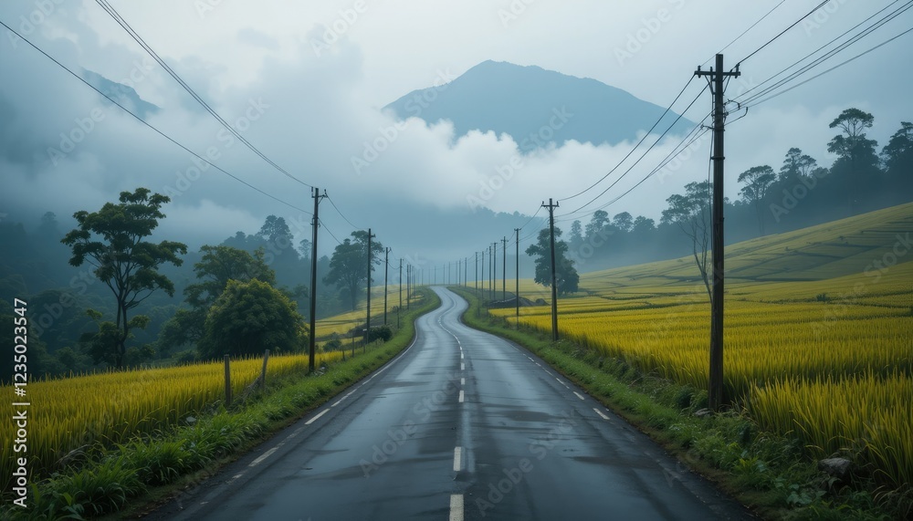 A winding rural road leading into mist-covered hills, flanked by swaying rice paddies and scattered trees. Rustic wooden electric poles follow the road’s path, adding depth and perspective. The mornin A winding rural road leading into mist-covered hills, flanked by swaying rice paddies and scattered trees. Rustic wooden electric poles follow the road’s path, adding depth and perspective. The mornin