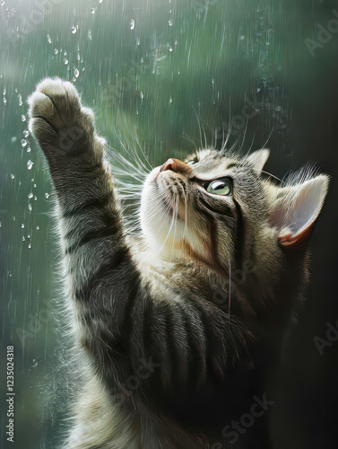 A pretty tabby cat in front of a window pane watching raindrops run down the window pane, trying to catch drops with paw.