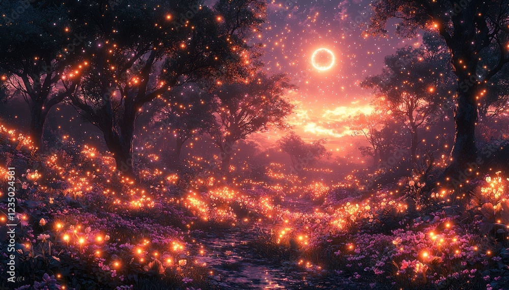 Enchanting Firefly Lit Forest Path Underneath A Glowing Moon Enchanting Firefly Lit Forest Path Underneath A Glowing Moon
