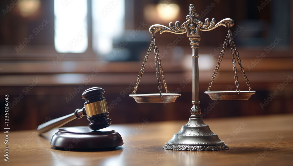 A wooden gavel and a golden scale of justice on a wooden table, symbolic of law and legal proceedings. 
