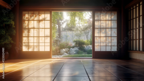 Serene Japanese garden view through traditional shoji screens bathed in warm sunlight creating a tranquil and minimalist scene