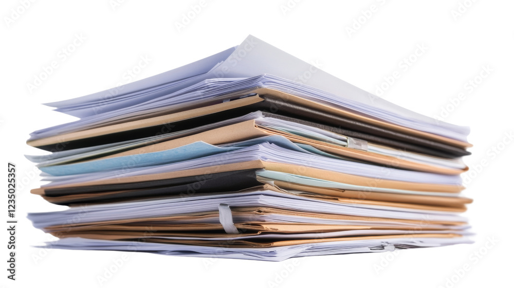 Stack of folders and paperwork creating administrative burden on transparent background Stack of folders and paperwork creating administrative burden on transparent background