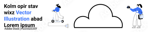 Woman rides an electric scooter while another holds coffee near a large cloud outline. Ideal for mobility, lifestyle, technology, cloud storage, sustainability, modern life, and flat landing page