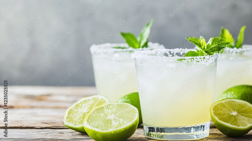 Refreshing Classic Margarita with Lime Slice and Mint on Wood : Generative AI Refreshing Classic Margarita with Lime Slice and Mint on Wood : Generative AI