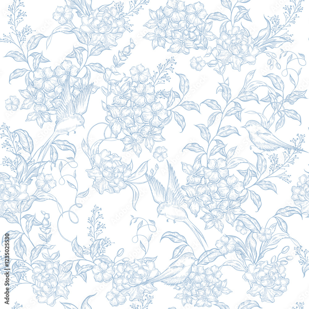 Fototapeta premium Graphic seamless pattern with flowers and birds.