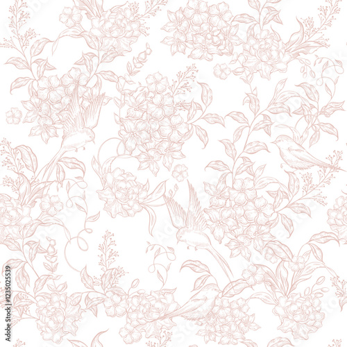 Graphic seamless pattern with flowers and birds.