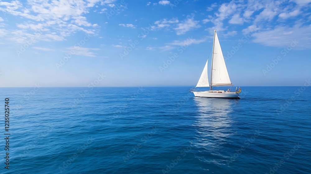 Obraz premium Solitary White Sailboat Gliding through Vast Ocean Blue under a Sunny Sky : Generative AI
