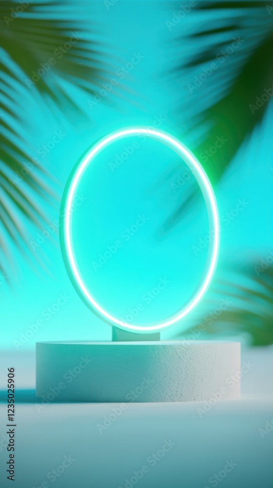 A glowing circular neon light in green and blue hues, surrounded by tropical leaves, creates a vibrant and serene atmosphere. A glowing circular neon light in green and blue hues, surrounded by tropical leaves, creates a vibrant and serene atmosphere.