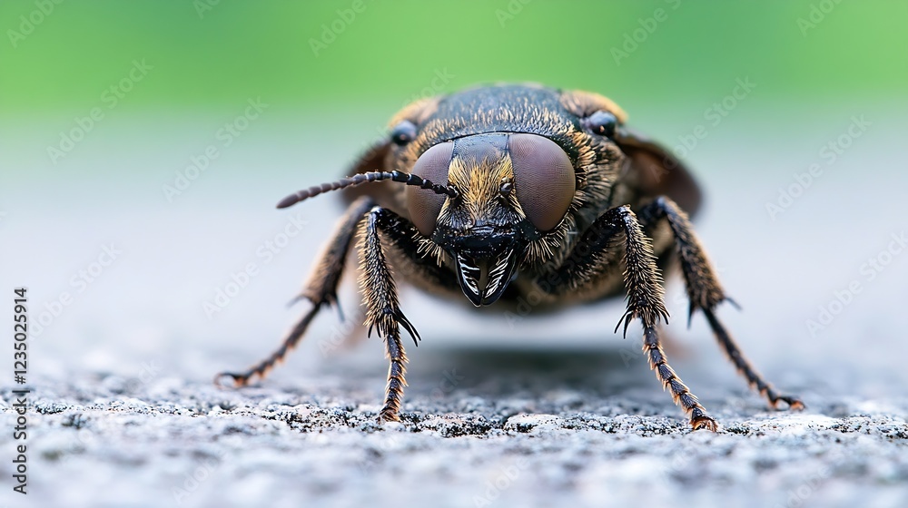 Fototapeta premium Closeup of Dark Brown Beetle with Detailed Texture and Green Hue Background : Generative AI
