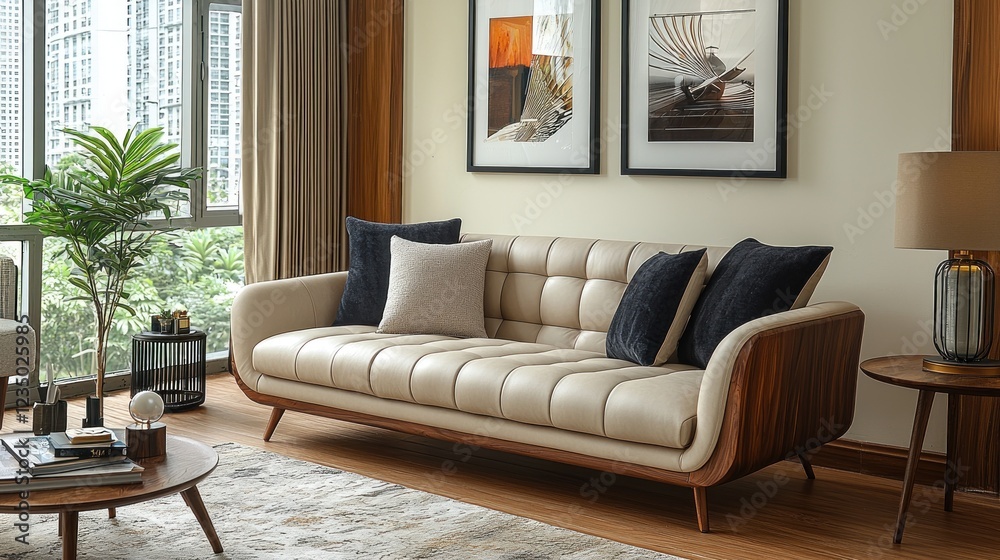 Fototapeta premium Modern Beige Leather Sofa In Contemporary Living Room
