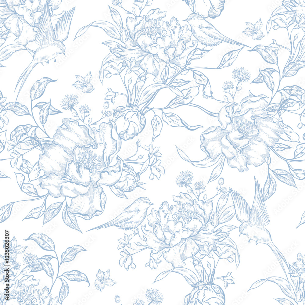 Graphic seamless pattern with flowers and birds.