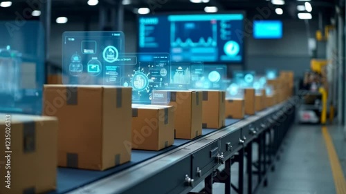 Brown Cardboard Packages Moving on a Conveyor Belt in a Modern Factory Setting with Futuristic Holographic Data Displays Ideal for Technology and Logistics Stock Footage