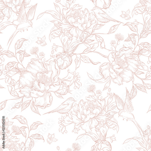 Graphic seamless pattern with flowers and birds.