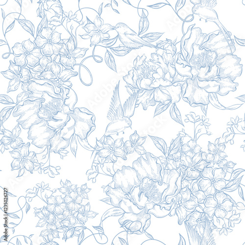 Graphic seamless pattern with flowers and birds.