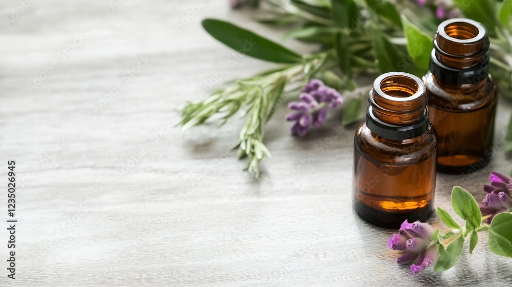 Natural Essential Oils with Fresh Herbal Ingredients on Rustic Wooden Table : Generative AI