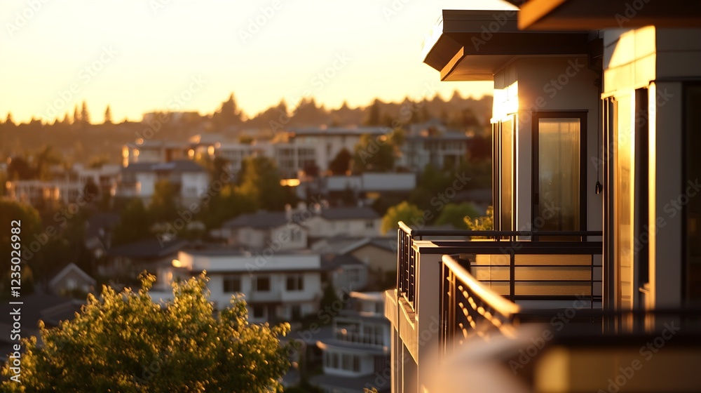 Fototapeta premium Modern Cityscape View from Apartment Balcony at Sunset Overlooking Urban Neighborhood : Generative AI