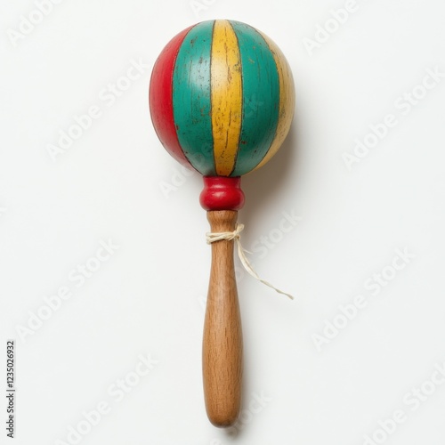 Traditional wooden maraca with Mexican colors on white background