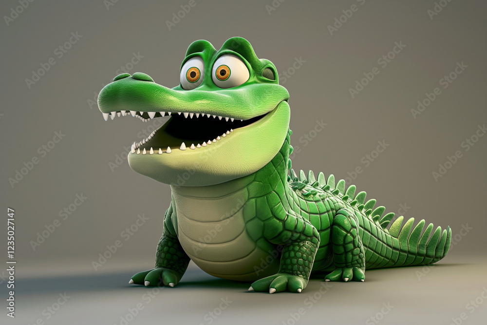 Fototapeta premium A 3D cartoon-style crocodile with a big, friendly smile, designed in a playful and lively manner