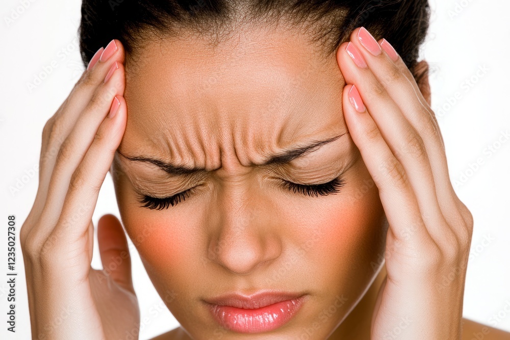 Woman feeling strong headache, brain pain, migraine, healthcare and medical concept Woman feeling strong headache, brain pain, migraine, healthcare and medical concept
