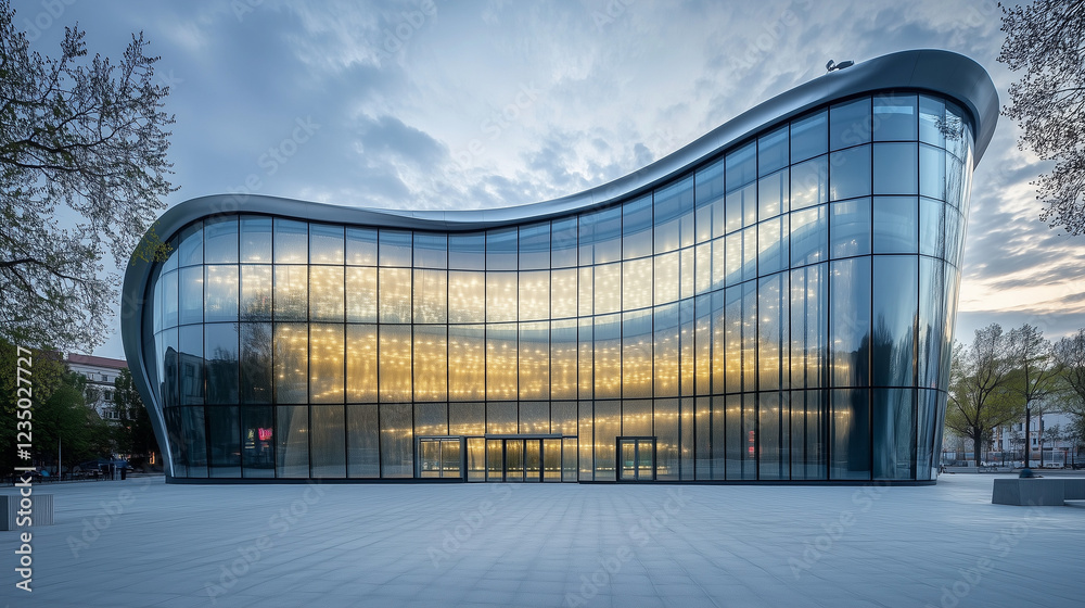 Modern architectural masterpiece with curved glass facade at dusk. Stunning exterior with glowing interior lights reflecting in the large windows, creating a dynamic and innovative urban design Modern architectural masterpiece with curved glass facade at dusk. Stunning exterior with glowing interior lights reflecting in the large windows, creating a dynamic and innovative urban design