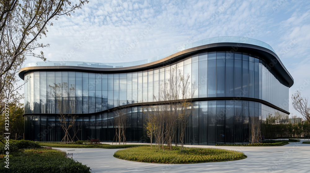 Fototapeta premium Elegant glass building with flowing curves and surrounding greenery under a bright sky. Contemporary architecture showcasing seamless integration of nature and innovative design in an urban setting