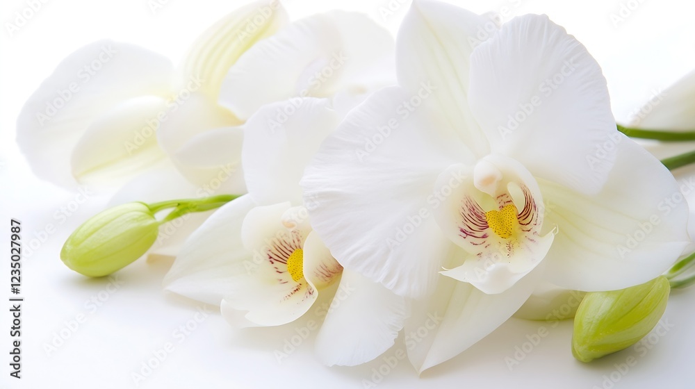 Pure White Orchids in Beautiful Soft Focus with Gentle Buds and Lush Green Stems : Generative AI Pure White Orchids in Beautiful Soft Focus with Gentle Buds and Lush Green Stems : Generative AI