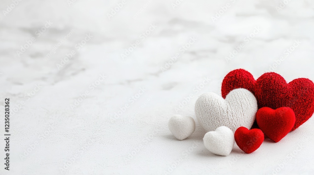 Fototapeta premium Red and white textured hearts arranged on a light grey marble surface for Valentine's Day celebration.