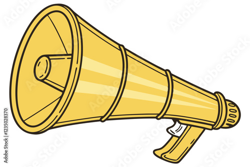 Golden megaphone, bullhorn, announcement device, communication tool, shiny metallic surface, cylindrical shape, conical speaker, vibrant yellow color, iconic design, loud speaker, public address syste