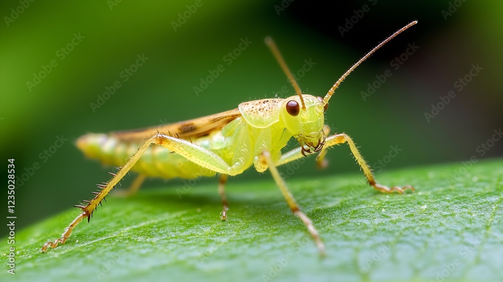 Close Up of Vibrant Green Grasshopper on Leaf with Soft Focus Background : Generative AI Close Up of Vibrant Green Grasshopper on Leaf with Soft Focus Background : Generative AI