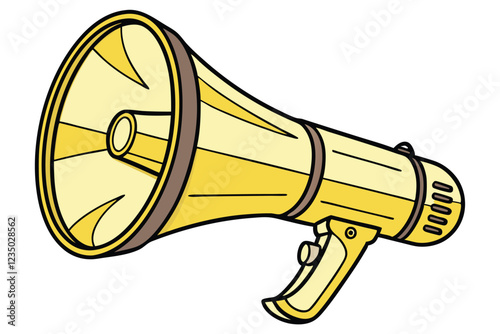 Golden megaphone, bullhorn, announcement device, communication tool, shiny metallic surface, cylindrical shape, conical speaker, vibrant yellow color, iconic design, loud speaker, public address syste