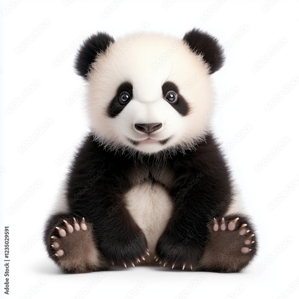 Panda cub sits adorably on white background, showcasing fluffy black and white fur full of charm and innocence in its playful demeanor Panda cub sits adorably on white background, showcasing fluffy black and white fur full of charm and innocence in its playful demeanor