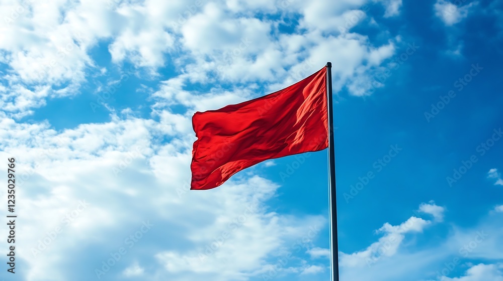 Single Red Flag against Blue Sky Symbolizing Caution or Danger Alert : Generative AI Single Red Flag against Blue Sky Symbolizing Caution or Danger Alert : Generative AI