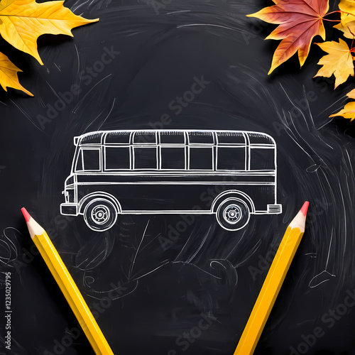 Back to School Concept Top View of School Bus, Pencils, Tree Sketch, and Autumn Leaves on Blackboard Background  photo