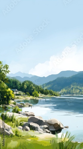 Wallpaper Mural A serene watercolor painting depicting a Japanese-themed landscape with a calm lake, lush greenery, and distant mountains under a clear blue sky. Torontodigital.ca