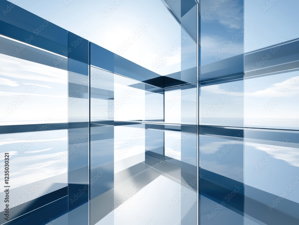 Obraz premium A futuristic 3D abstract rendering showcasing reflective glass structures intersecting against a bright sky, creating a modern and dynamic architectural feel.
